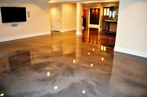 Luxurious metallic epoxy residential flooring in Calgary installed by Radiant Resin Inc. A durable, seamless, and high-gloss flooring solution for a modern basement finish.